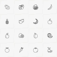 Vegetables And Fruits line icon set with orange, carrot and peach