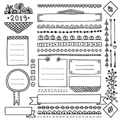 Bullet journal hand drawn vector elements for notebook, diary and planner. Doodle banners isolated on white background. Notes, list, frames, dividers, ribbons.