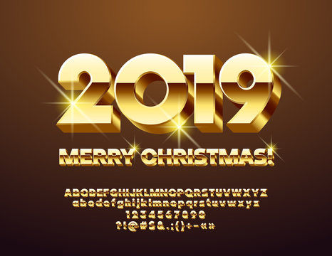Vector chic Greeting Card Merry Christmas 2019. Golden 3D Font. Unique Alphabet Letters, Numbers and Symbols