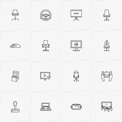 Video Games line icon set with computer mouse , game station  and game steering wheel