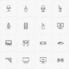 Video Games line icon set with television monitor , game station  and office chair