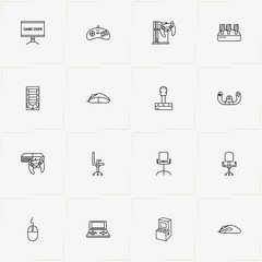 Video Games line icon set with kids gaming machine , office chair  and joystick