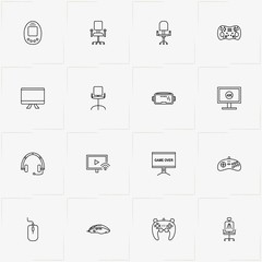 Video Games line icon set with joystick , television monitor  and video game spectacles