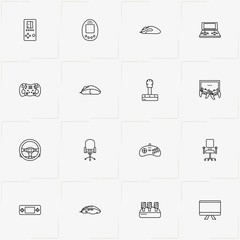 Video Games line icon set with joystick , screen game  and gaming gear shift