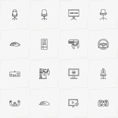 Video Games line icon set with portable game , joystick  and office chair