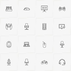 Video Games line icon set with screen game , office chair  and television monitor