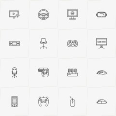 Fototapeta na wymiar Video Games line icon set with gaming pedals , game station and game television