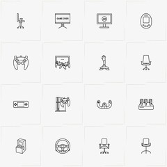 Video Games line icon set with game station , gaming pedals  and game television