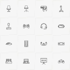 Video Games line icon set with game station , joystick  and office chair