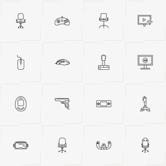 Video Games line icon set with screen game , game gun  and game steering wheel
