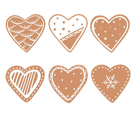 Obraz na płótnie Canvas Gingerbread cookies set isolated on white background. Xmas glazed chokolate hearts