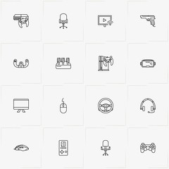 Video Games line icon set with gaming pedals , game steering wheel  and joystick