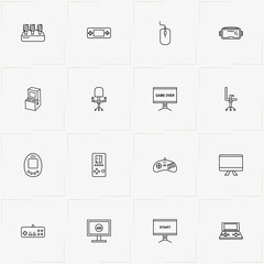 Video Games line icon set with joystick , screen game  and kids gaming machine