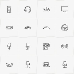 Video Games line icon set with game station , game steering wheel  and headphone with microphone