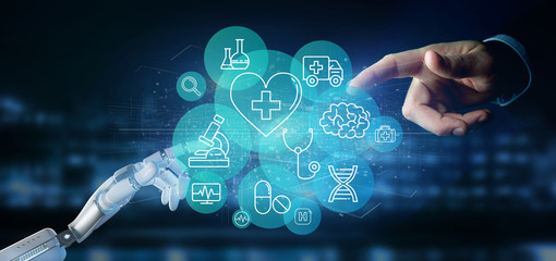 Cyborg hand holding a Medical icon and connection 3d rendering