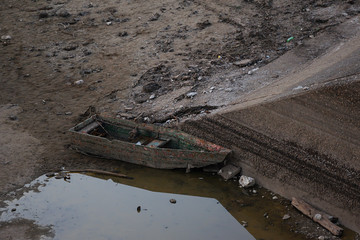 Wreck of little boat in Nechranice dam during reconstruction at sunset on 15th September 2018