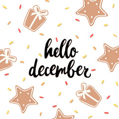 Hello december poster, card. Vector hand drawn illustration with text and gingerbread cookies with glaze. Great for social media
