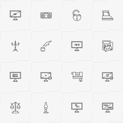 Vintage line icon set with retro flatiron , ink pen  and letter