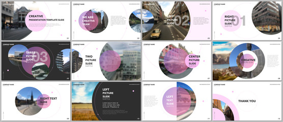 Minimal presentations design, portfolio vector templates with circle elements on white background. Multipurpose template for presentation slide, flyer leaflet, brochure cover, report, marketing.