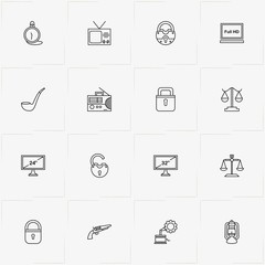 Vintage line icon set with radio receiver , pocket watch and lock