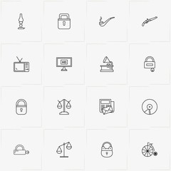 Vintage line icon set with lock, smoking pipe  and music plate