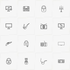 Vintage line icon set with television, revolver and retro tape