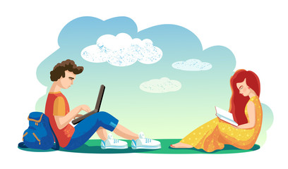 Obraz na płótnie Canvas Love concept. Vector. Lovers Students together spend leisure time in open air. girl reading book. boy working on laptop.