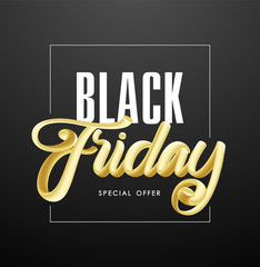 Vector illustration: Handwritten 3D golden calligraphic lettering of Black Friday Special offer on dark background.