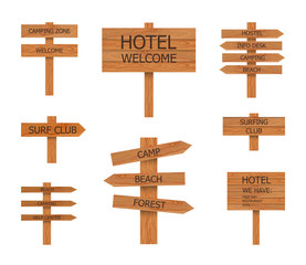 Vector Camping Wooden Signs Collection, Beach Pointer, illustrations.