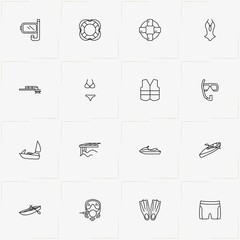Water Sport line icon set with canoe , man swimsuit  and water scooter
