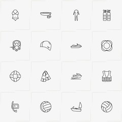 Water Sport line icon set with life vest, women swimsuit  and diving mask