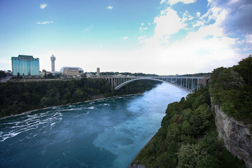View of Rainbow International Bridge, which connects Usa and Canada, Niagara Falls