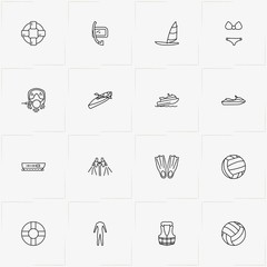 Water Sport line icon set with diving pipe , diving suit  and boat