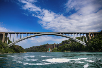 View of Rainbow International Bridge, which connects Usa and Canada, Niagara Falls