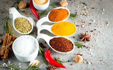 Spices in Wooden spoon. Curry, Saffron, turmeric, rosemary, cinnamon, garlic, pepper, anise on wooden rustic background. Collection of spices and herbs. Salt, paprika. Copy space. Top view. 