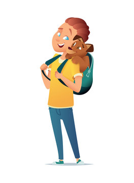 The boy is standing with a backpack on his back, in his backpack is a dog. Friendship of child and dog. Vector illustration.