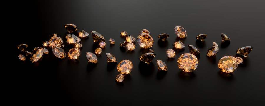Amber Gem Diamond Group Placed On Dark Background 3D Rendering