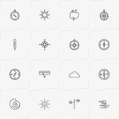 Weather line icon set with thermometer, cloud and compass
