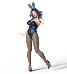 Bunny Girl. Sexy woman long legs in black fishnet tights. Black swimsuit and shoes. Conceptual fashion art. Blue eyes. Seductive candid pose. Photorealistic 3D render illustration. Isolate. Studio.