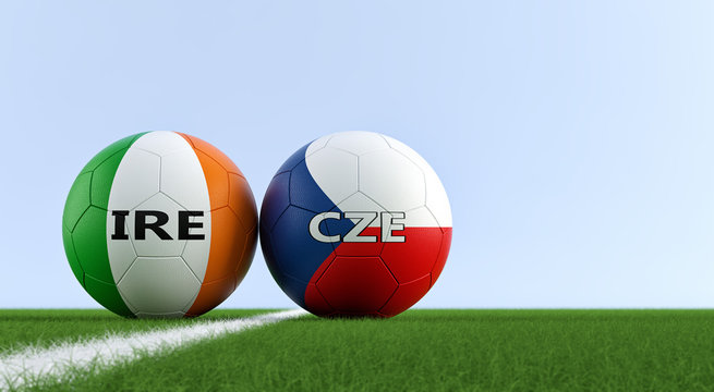 Ireland vs. Czech Republic Soccer Match - Soccer balls in Ireland and Czech Republic national colors on a soccer field. Copy space on the right side - 3D Rendering