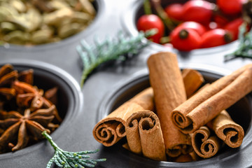 Christmas spices - cinnamon sticks, closeup