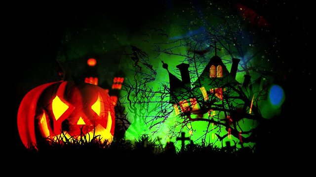 Happy Halloween haunted pumpkin and flying bats
