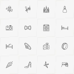 Wedding line icon set with lady shoe , wedding dress  and bed