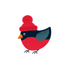 Vector illustration of a bullfinch in a knitted hat isolated on white. Christmas illustration.
