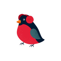 Vector illustration of a bullfinch in a headphone isolated on white. Christmas illustration.