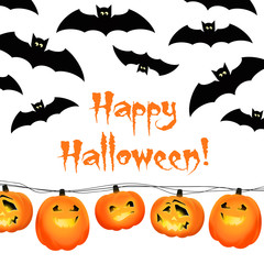 Halloween print. Happy Halloween invitation with garland of scary smiling pumpkins and black bats on white background. Decorative poster, web banner, card, October traditional celebration