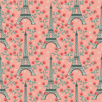 Seamless lovely eiffel tower vector pattern with flowers, eiffel towers and pastels. Great for apparel design, cards, gift papers or other romantic surfaces.