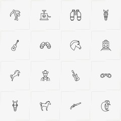 Wild West line icon set with revolver, guitar  and dynamite