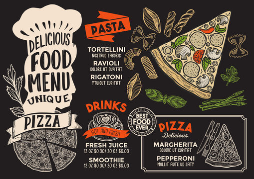 Pizza food menu template for restaurant with chefs hat lettering.