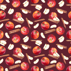 Seamless pattern with apples, slices and cinnamon sticks on maroon background. Hand painted in watercolor. - 225150544